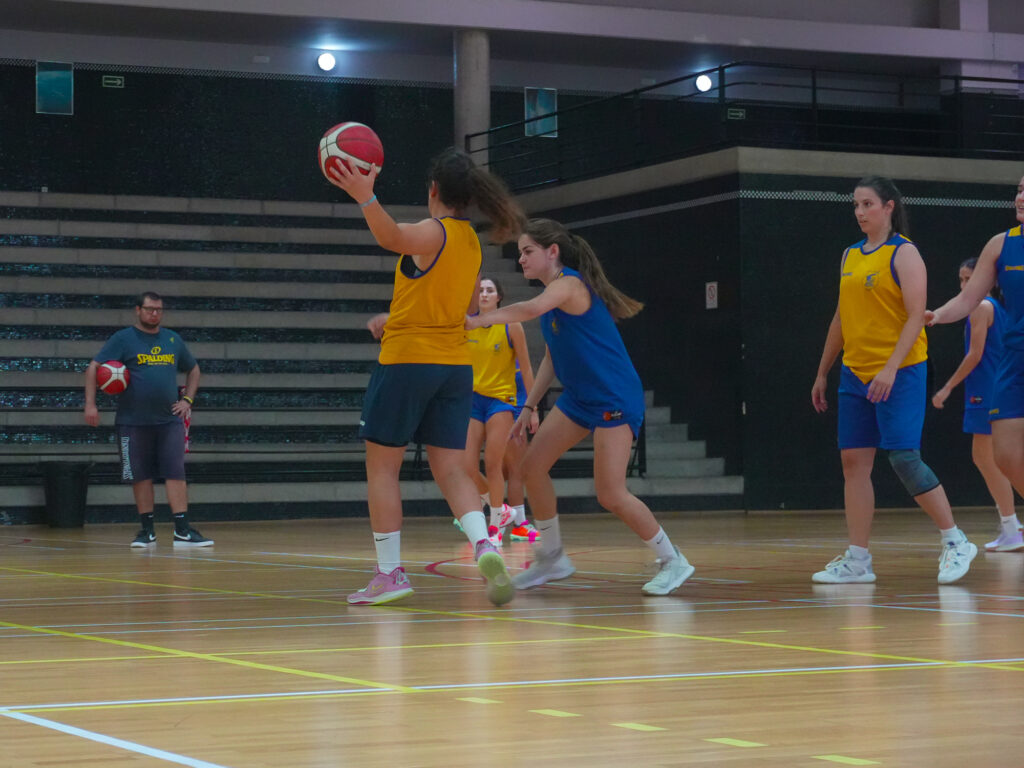 Jugadoras de baloncesto entrenando en el gimnasio, lanzando el balón y en acción.