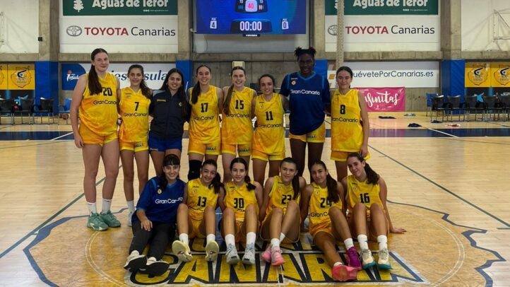 Plantilla del equipo júnior del Club Baloncesto Gran Canaria en la cancha, sonrientes.