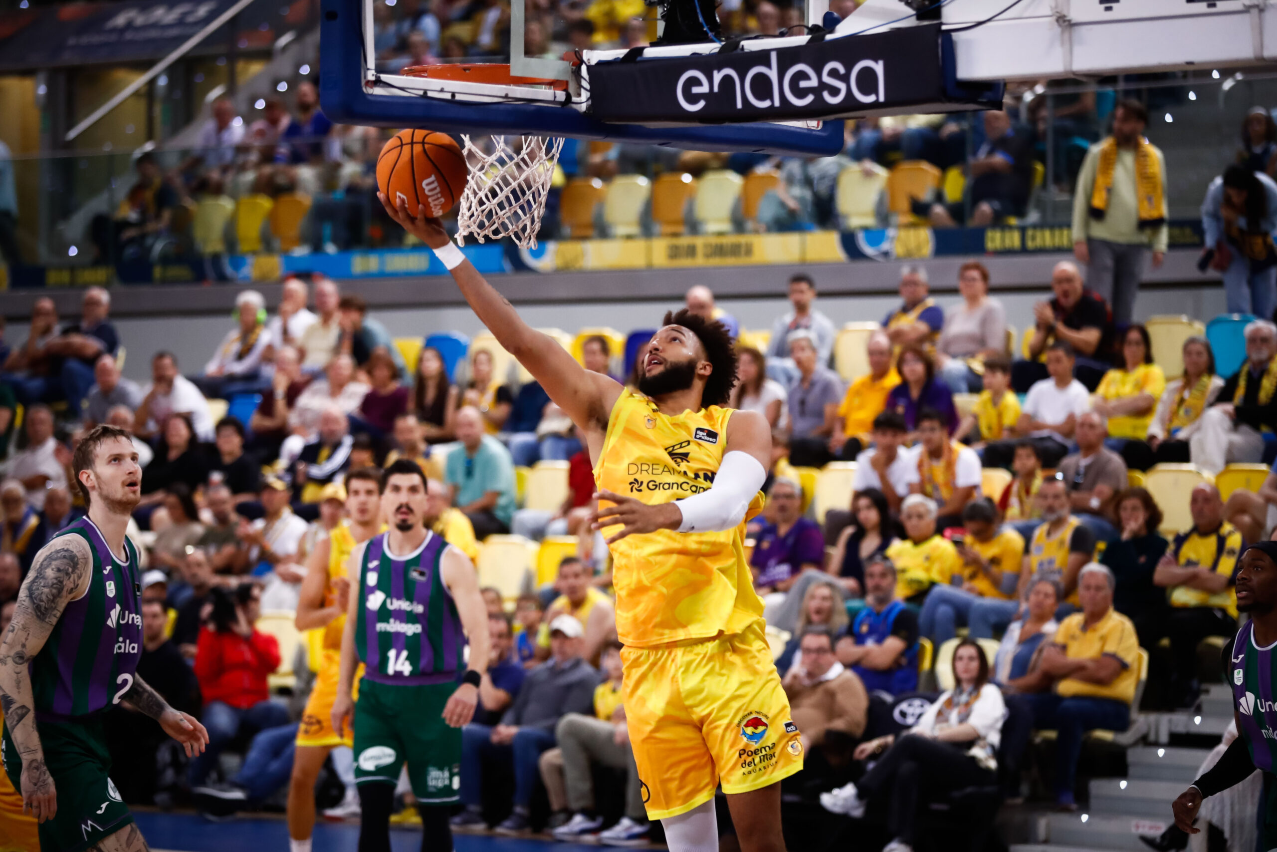 Jugador del Dreamland Gran Canaria anotando en un partido, con el público animando.