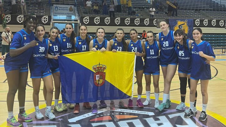 Jugadoras del Gran Canaria femenino posando con la bandera del equipo tras un campeonato.