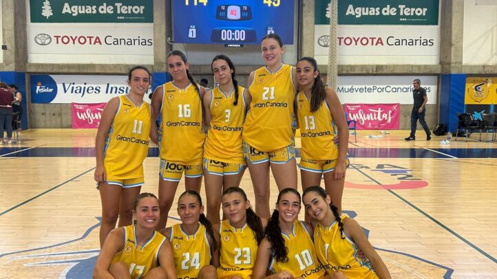 Jugadoras del Gran Canaria U22 celebran su victoria con un marcador de 114 a 49.